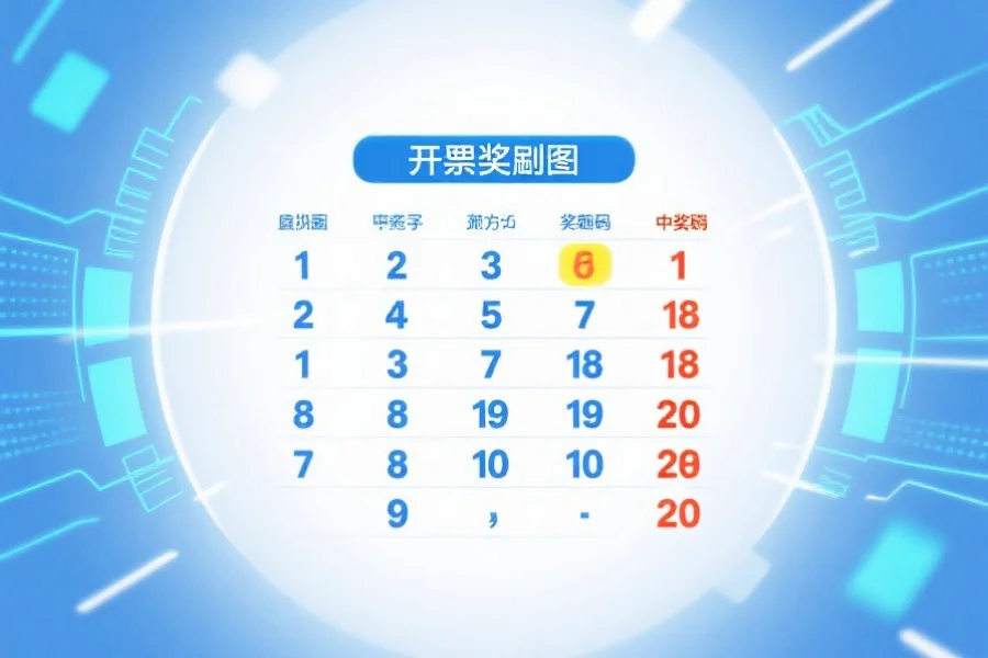 一张简洁明了的开奖走势图和中奖号码列表，配有高亮数字，背景为蓝白色调，呈现出科技感