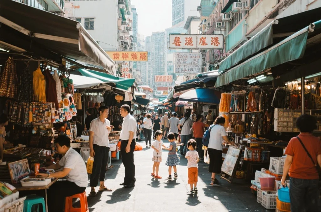 香港繁忙的传统街市，市民日常互动，充满社区活力